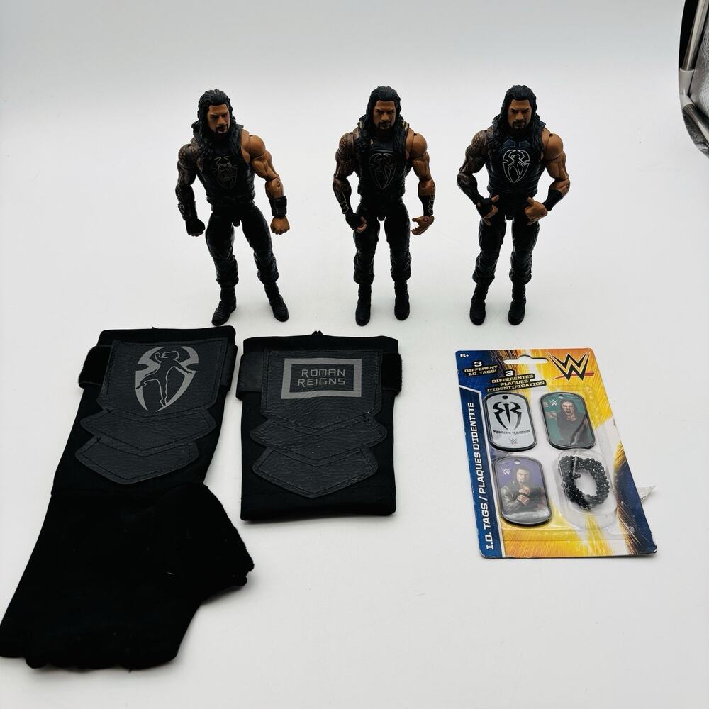 WWE Lot of 3 Roman Reigns Wrestling Action Figures Mattel + 3 ID Tags And Glove